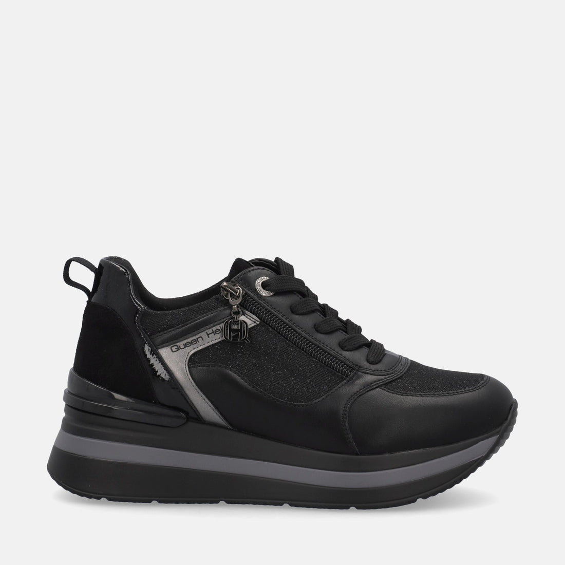 QUEEN HELENA Sneakers van leer met sleehak, gymschoenen met ritssluiting aan de zijkant voor dames QH8007, Zwart, 39 EU QUEEN HELENA Sneakers van leer met sleehak, gymschoenen met ritssluiting aan de zijkant voor dames QH8007, Zwart, 39 EU